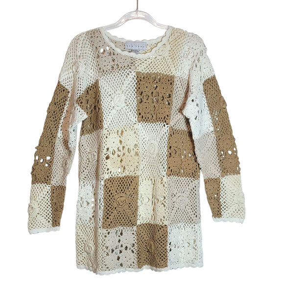 STYLE New York Crochet Tunic Sweater Tan Beige Casual Boho Beach Coverup S - Picture 1 of 16